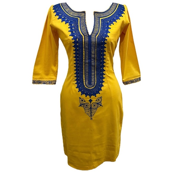 126 Like New | Handmade Women’s Yellow and Blue Embroidered Dress (size S) - Picture 3 of 9